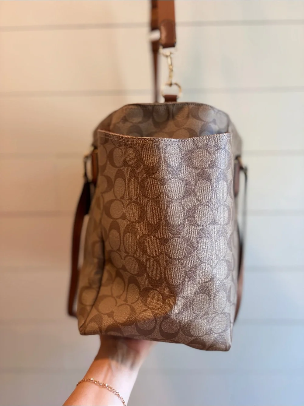 Coach Monogram Canvas Tote in Brown with Leather Trim